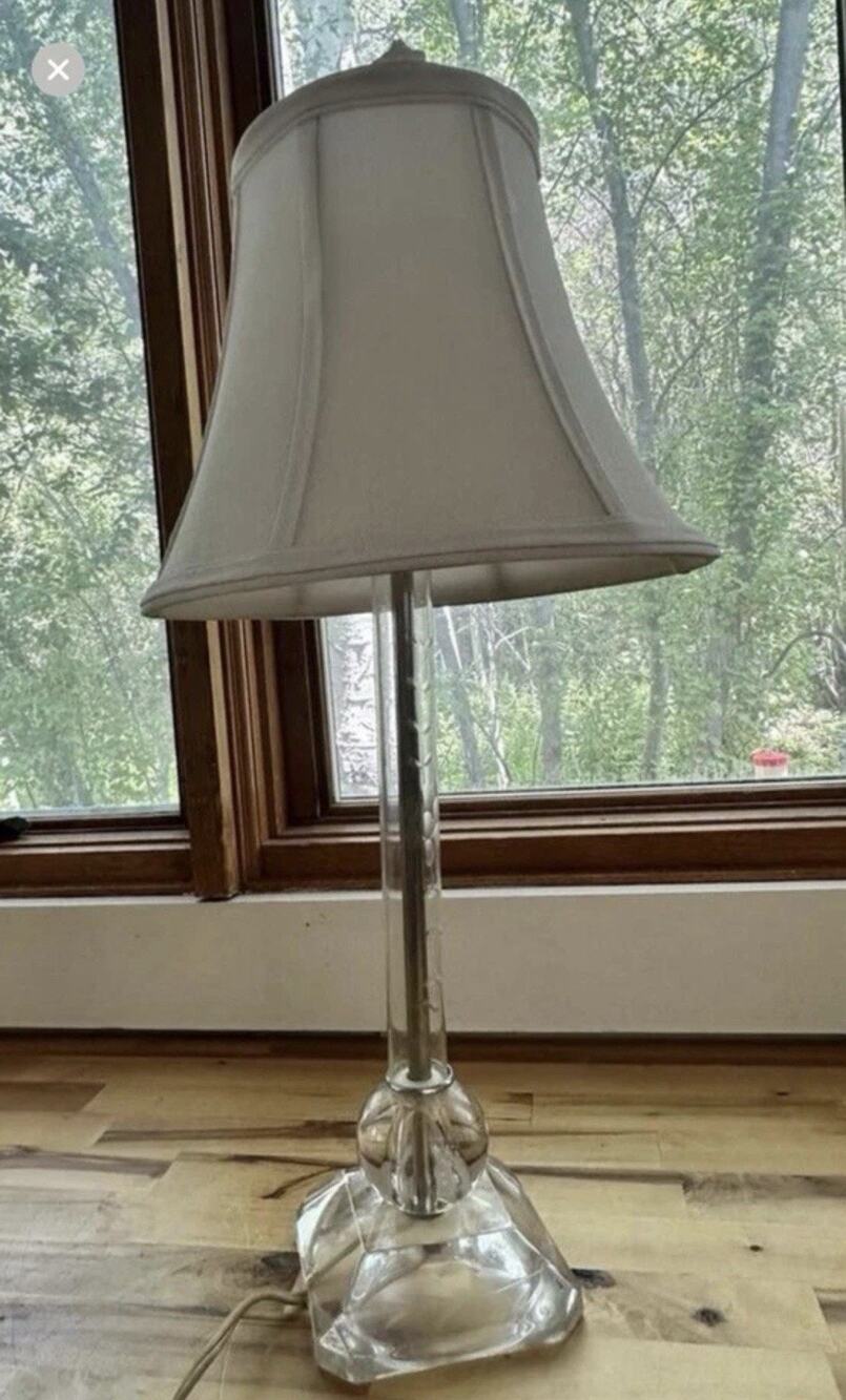 Vintage Etched Crystal Glass Table Lamp Faceted Base Clear Boudoir Accent Works